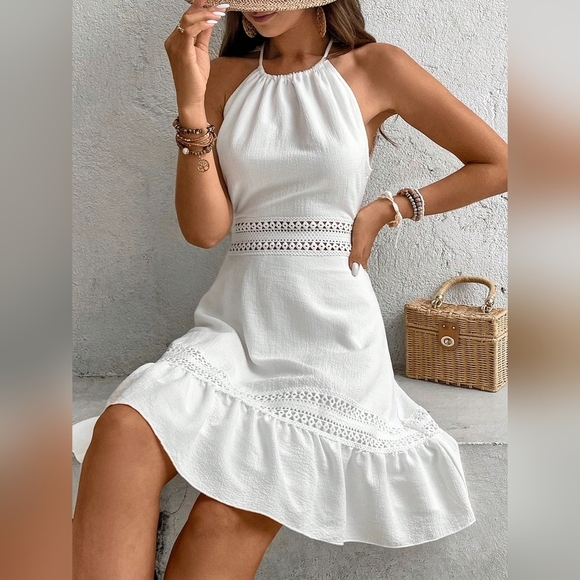 Women's Patchwork Lace Back Hollow Knotted Dress - Picture 5 of 6